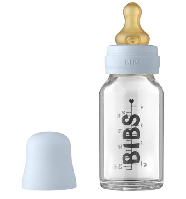 Bibs nappflaska glas latex 110ml baby blue