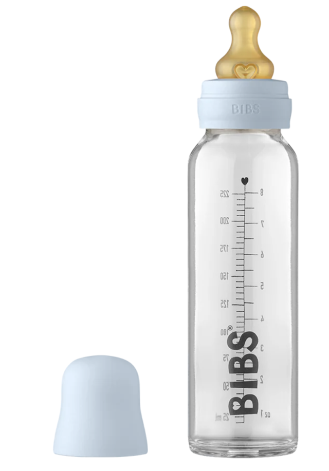 Bibs nappflaska glas latex 225ml baby blue